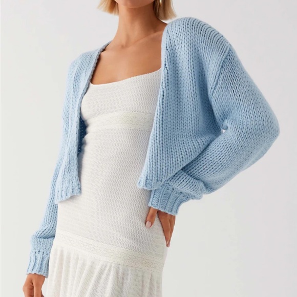 Peppermayo Sweaters - Peppermayo Jasleen Knit Cardigan Light Powder Blue Open Front Balloon Sleeves